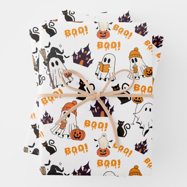 Cute Halloween Ghost Pattern – Spooky Black Cats Wrapping Paper Sheet (In situ)