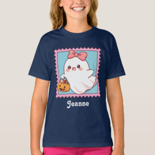 Cute Halloween Ghost Pink Coquette Bow Kids T-Shirt