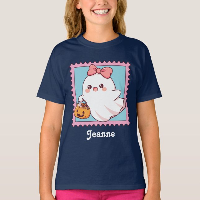 Cute Halloween Ghost Pink Coquette Bow Kids T-Shirt (Front)