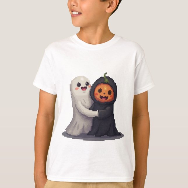 Cute Halloween Ghost & Pumkin T-Shirt (Front)