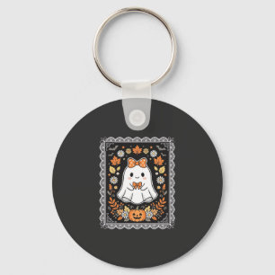 Cute Halloween Ghost Pumpkin Floral T-Shirt Design Key Ring
