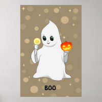 Cute Halloween Ghost & Pumpkin on Beige