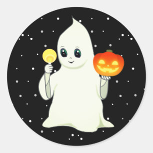 Cute Halloween Ghost & Pumpkin on Black Classic Ro Round Sticker