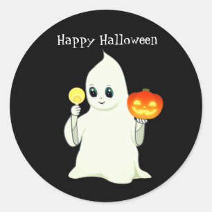 Cute Halloween Ghost & Pumpkin on Black Classic Round Sticker