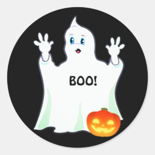 Cute Halloween Ghost & Pumpkin on Black Classic Round Sticker