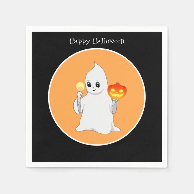 Cute Halloween Ghost & Pumpkin on Black & Orange Napkin (Front)
