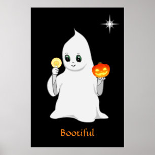 Cute Halloween Ghost & Pumpkin on Black Poster