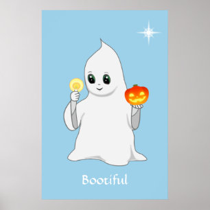 Cute Halloween Ghost & Pumpkin on Light Blue  Poster