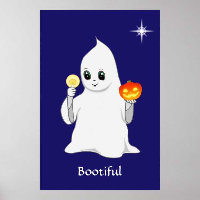Cute Halloween Ghost & Pumpkin on Navy Blue Poster (Front)