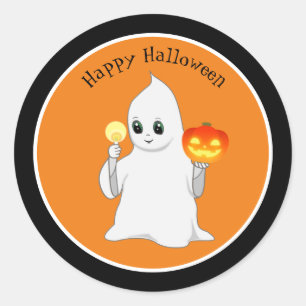 Cute Halloween Ghost & Pumpkin on Orange Classic Round Sticker