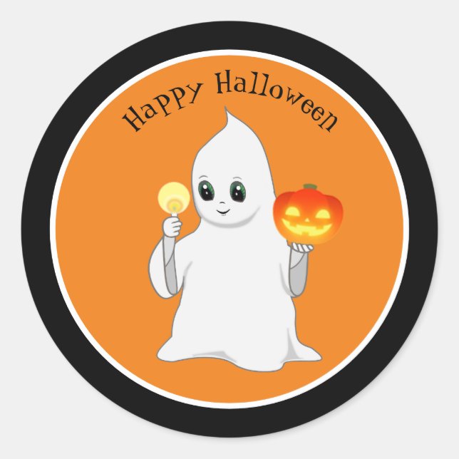 Cute Halloween Ghost & Pumpkin on Orange Classic Round Sticker (Front)