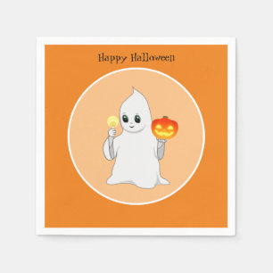 Cute Halloween Ghost & Pumpkin on Orange Napkin