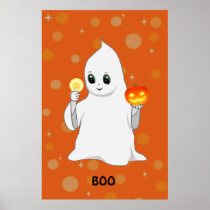 Cute Halloween Ghost & Pumpkin on Orange Poster