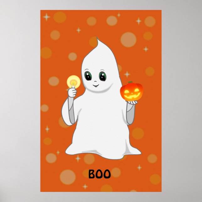 Cute Halloween Ghost & Pumpkin on Orange Poster (Front)
