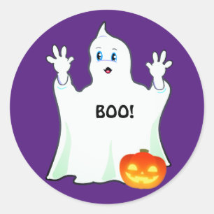 Cute Halloween Ghost & Pumpkin on Purple Classic Round Sticker