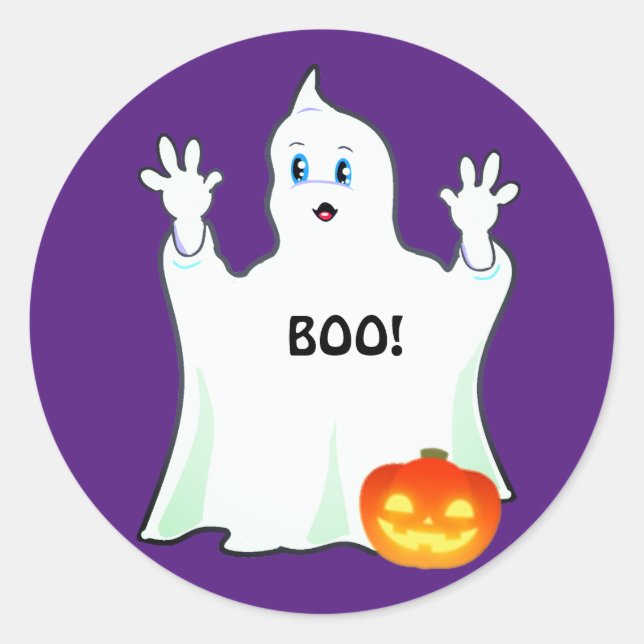Cute Halloween Ghost & Pumpkin on Purple Classic Round Sticker (Front)