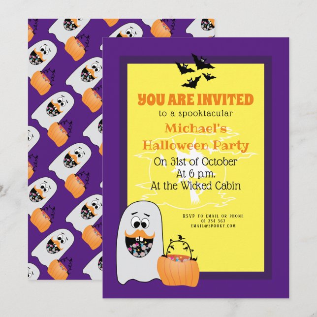 Cute Halloween Ghost pumpkin purple pattern Invitation (Front/Back)