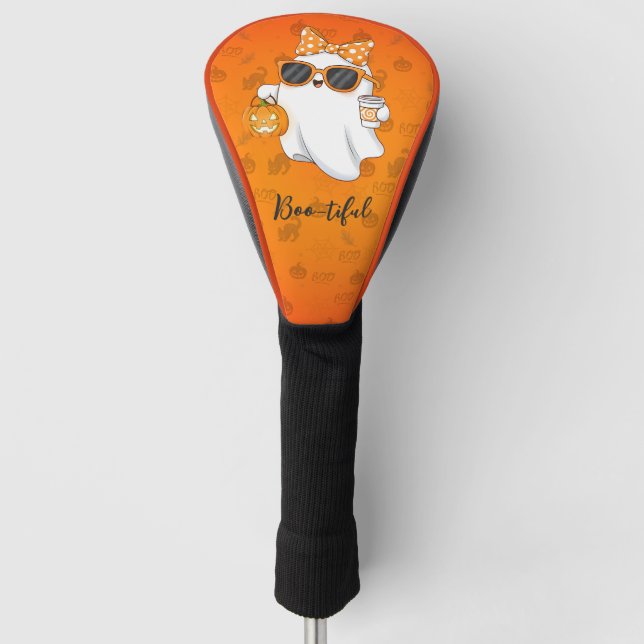Cute Halloween Ghost Pumpkin Spice Personalised Golf Head Cover (Front)