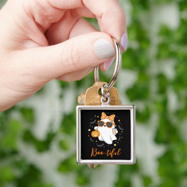 Cute Halloween Ghost Pumpkin Spice Personalised Key Ring (Hand)