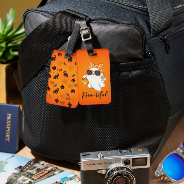 Cute Halloween Ghost Pumpkin Spice Personalised Luggage Tag (Front & Back)