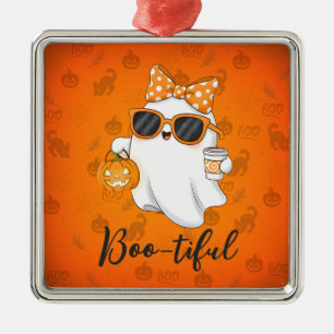 Cute Halloween Ghost Pumpkin Spice Personalised Metal Tree Decoration