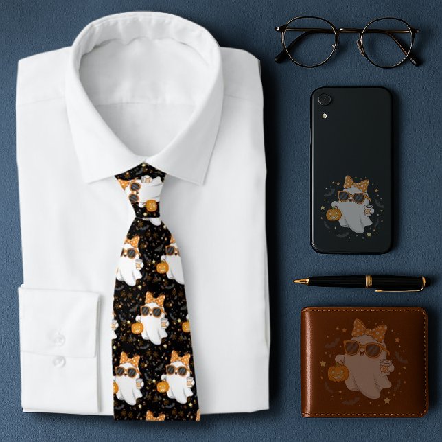 Cute Halloween Ghost Pumpkin Spice Personalised Tie (Creator Uploaded)