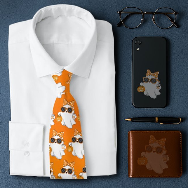 Cute Halloween Ghost Pumpkin Spice Personalised Tie (Creator Uploaded)