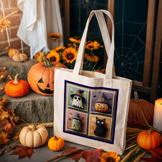Cute Halloween Ghost, Pumpkin, Zombie & Cat Stamp  Large Tote Bag