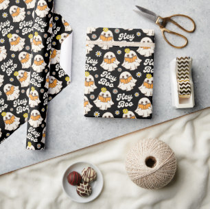 Cute Halloween Ghost Retro Spooky Boo Black Wrapping Paper