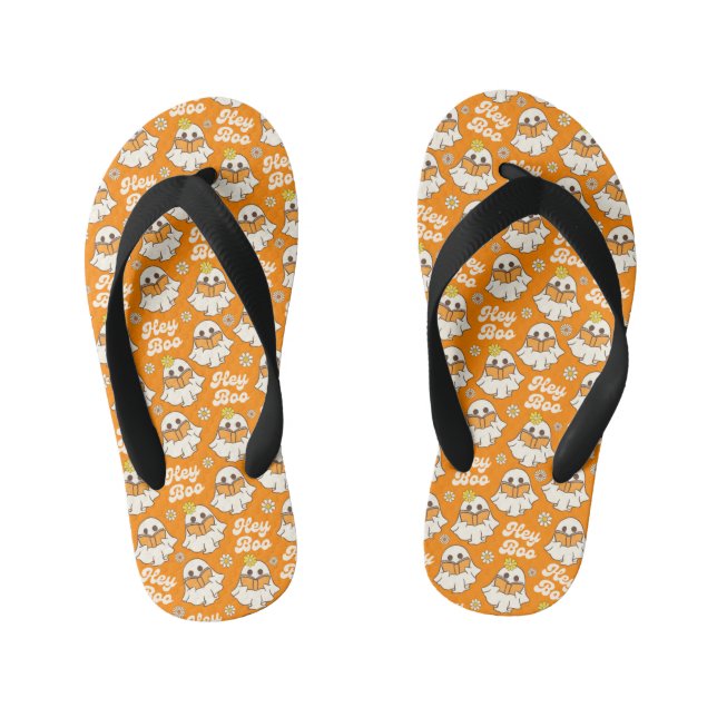 Cute Halloween Ghost Retro Spooky Boo Orange Kid's Flip Flops (Footbed)