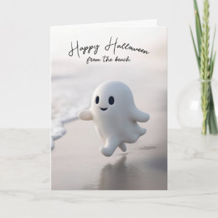 Cute Halloween Ghost Running On a Beach Card