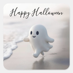 Cute Halloween Ghost Running On a Beach Square Sticker
