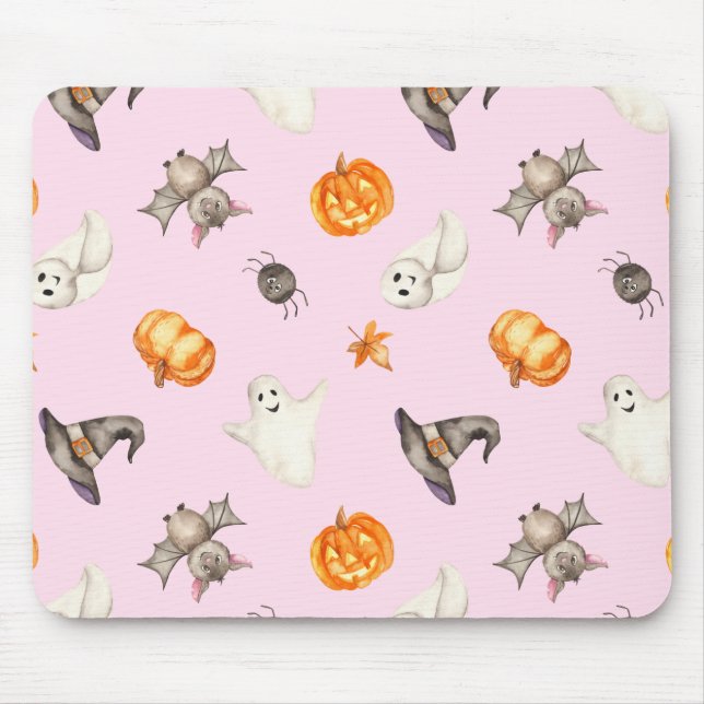 Cute Halloween Ghost Spider Hat Watercolor Pattern Mouse Mat (Front)