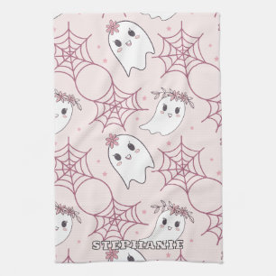 Cute Halloween Ghost & Spiderweb Pattern (2) Tea Towel