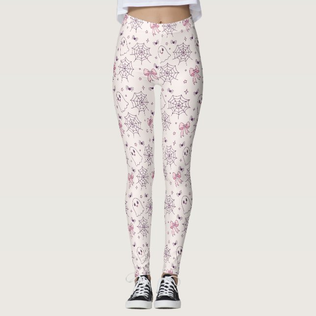 Cute Halloween Ghost & Spiderweb Pattern Leggings (Front)