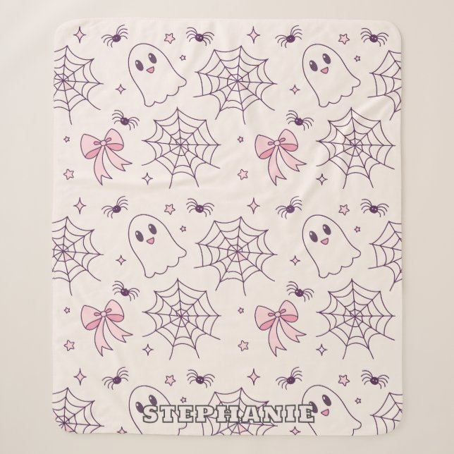Cute Halloween Ghost & Spiderweb Pattern Sherpa Blanket (Front)