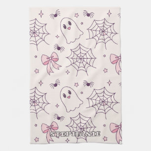 Cute Halloween Ghost & Spiderweb Pattern Tea Towel