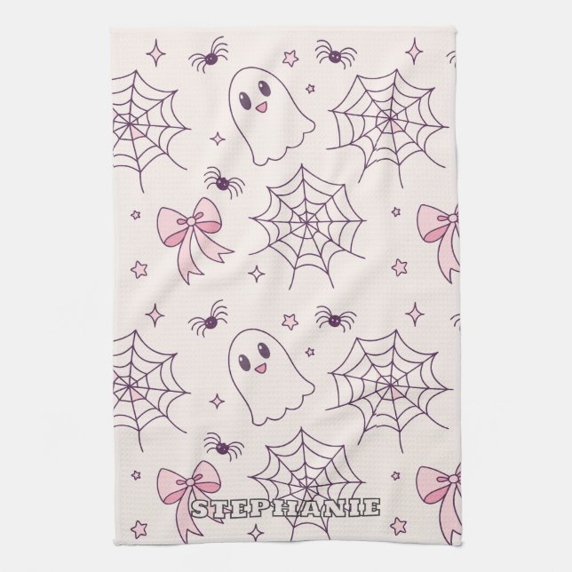 Cute Halloween Ghost & Spiderweb Pattern Tea Towel (Vertical)