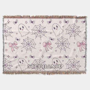 Cute Halloween Ghost & Spiderweb Pattern Throw Blanket