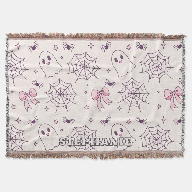 Cute Halloween Ghost & Spiderweb Pattern Throw Blanket (Front)