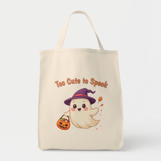 Cute Halloween Ghost Tote Bag “Too Cute to Spook " (Front)