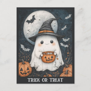 Cute Halloween Ghost Trick Or Treat Pumpkin Postcard