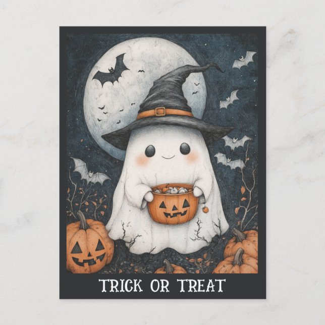 Cute Halloween Ghost Trick Or Treat Pumpkin Postcard (Front)