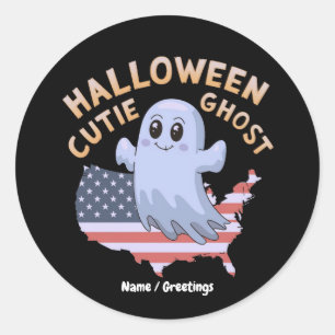 Cute Halloween Ghost USA Flag Kawaii Spooky Season Classic Round Sticker