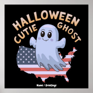Cute Halloween Ghost USA Flag Kawaii Spooky Season Poster