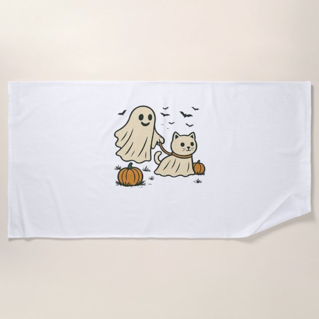 Cute Halloween Ghost Walking Ghost Cat Classic T-S Beach Towel (Front)