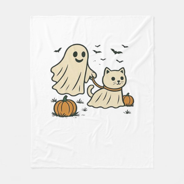 Cute Halloween Ghost Walking Ghost Cat Classic T-S Fleece Blanket (Front)