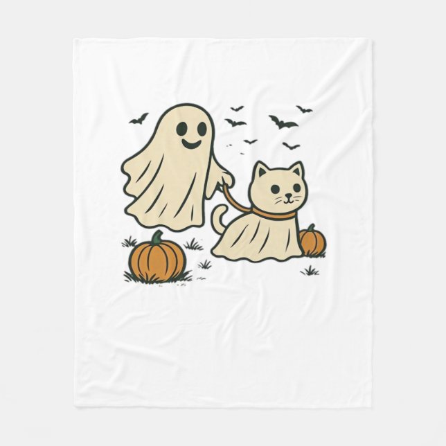 Cute Halloween Ghost Walking Ghost Cat Classic T-S Fleece Blanket (Front)