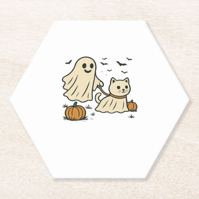 Cute Halloween Ghost Walking Ghost Cat Classic T-S Paper Coaster (Front)