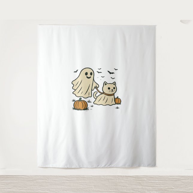 Cute Halloween Ghost Walking Ghost Cat Classic T-S Tapestry (Front)